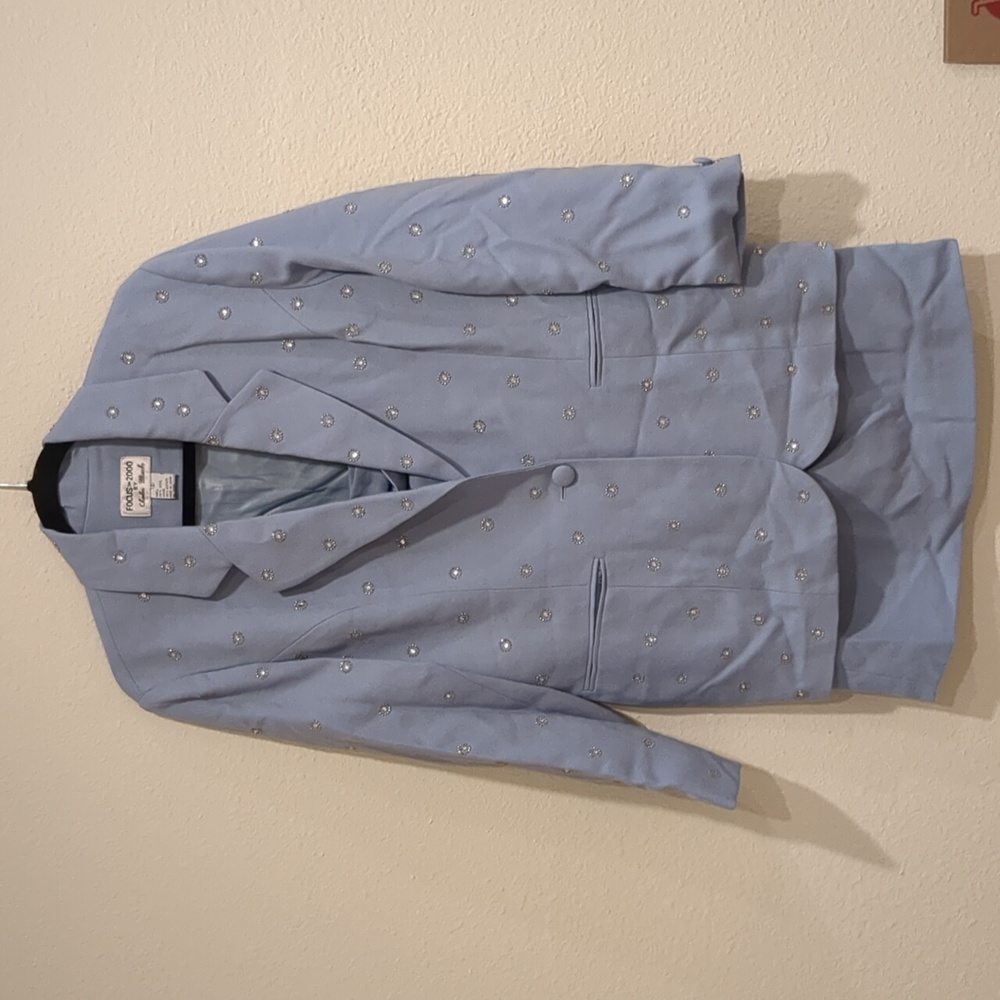 Vintage Baby Blue Focus 2000 Charles Glueck Embellished Wool Skirt Suit Size 8